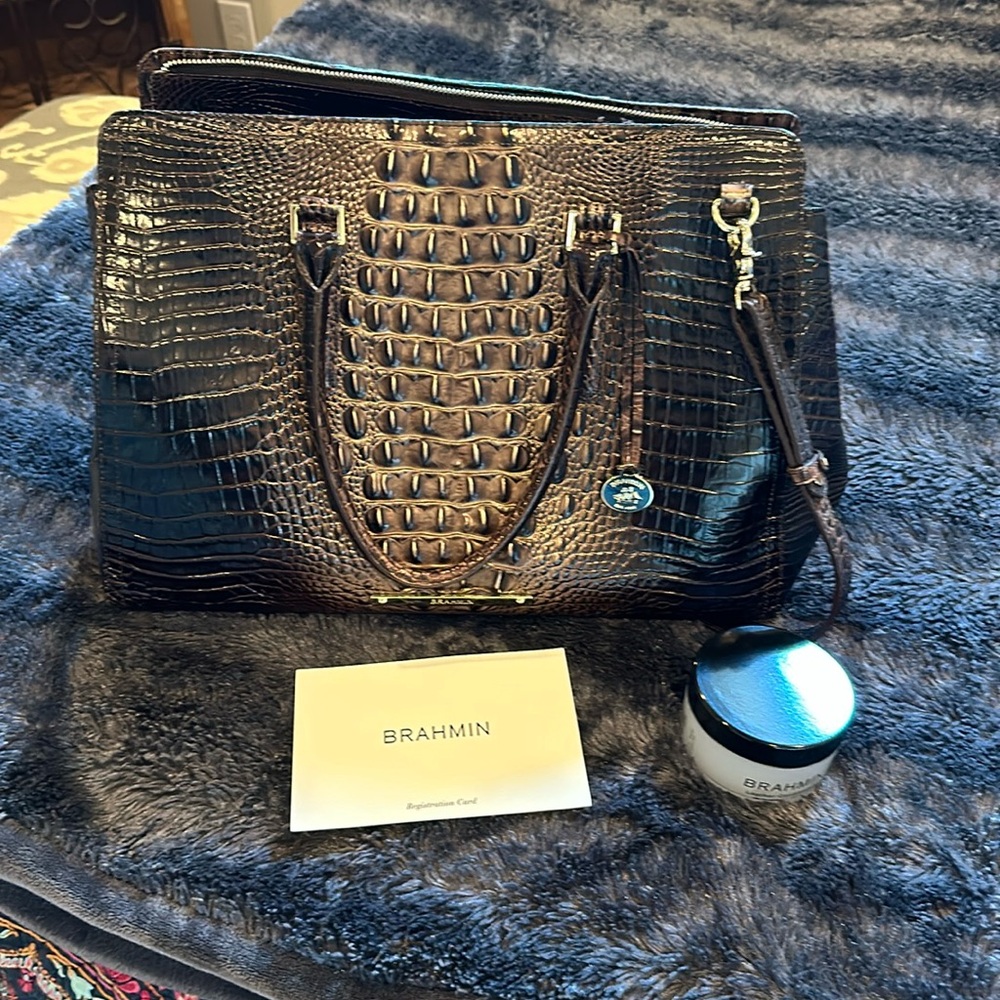 Brahmin Brown Croc-Embossed Satchel with Gold Hardware